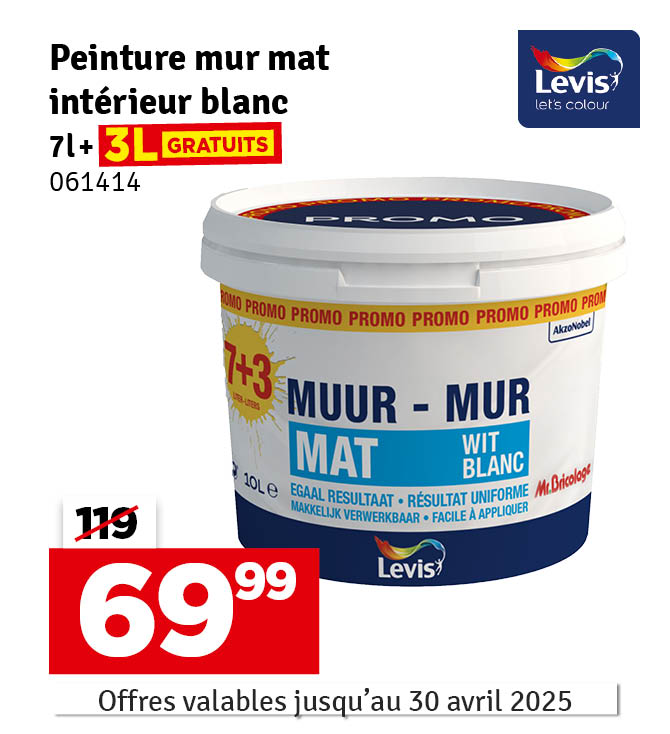 Peinture pour murs 25 ans Mr.Bricolage blanc mat 7 L + 3 L gratuit LEVIS